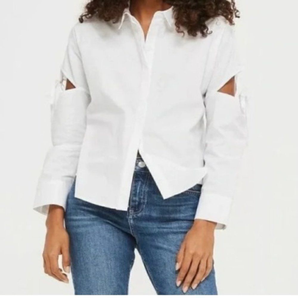 TOPSHOP Women's Tie Sleeve Cotton Button-Up Blouse White Size 2